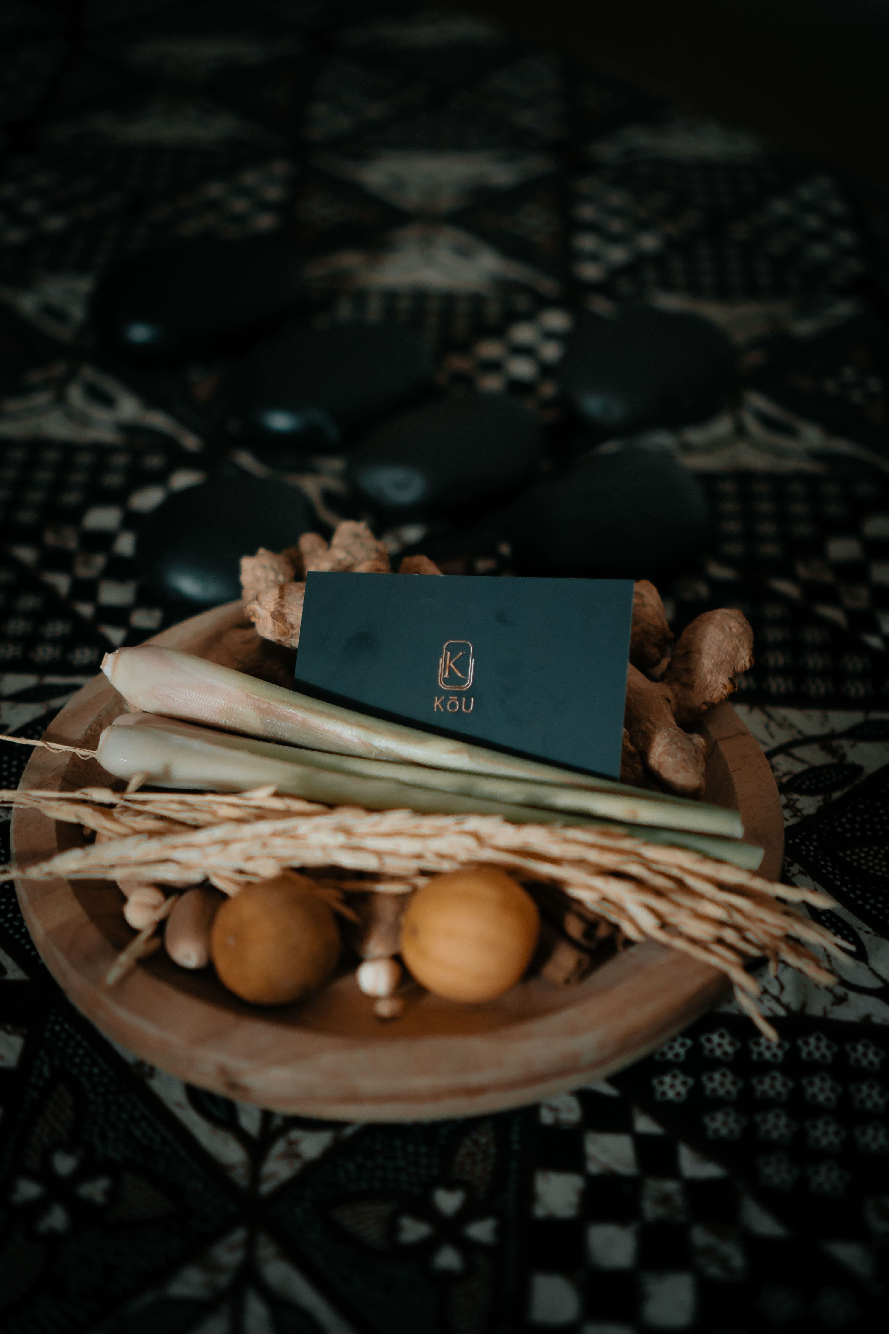 Traditional Balinese spa ingredients with KOU business card